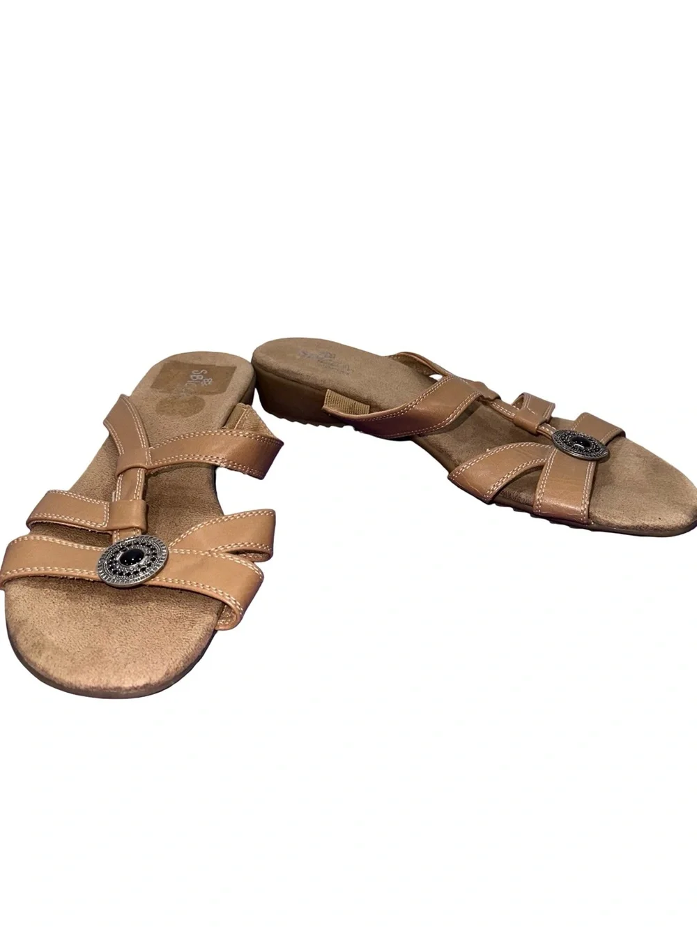 Sbicca Rachel Tan Comfort Slide Sandals Women’s Sz 9 Boho Casual Slip On Wedge